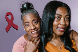 2 older black women, multiple myeloma burgandy ribbon